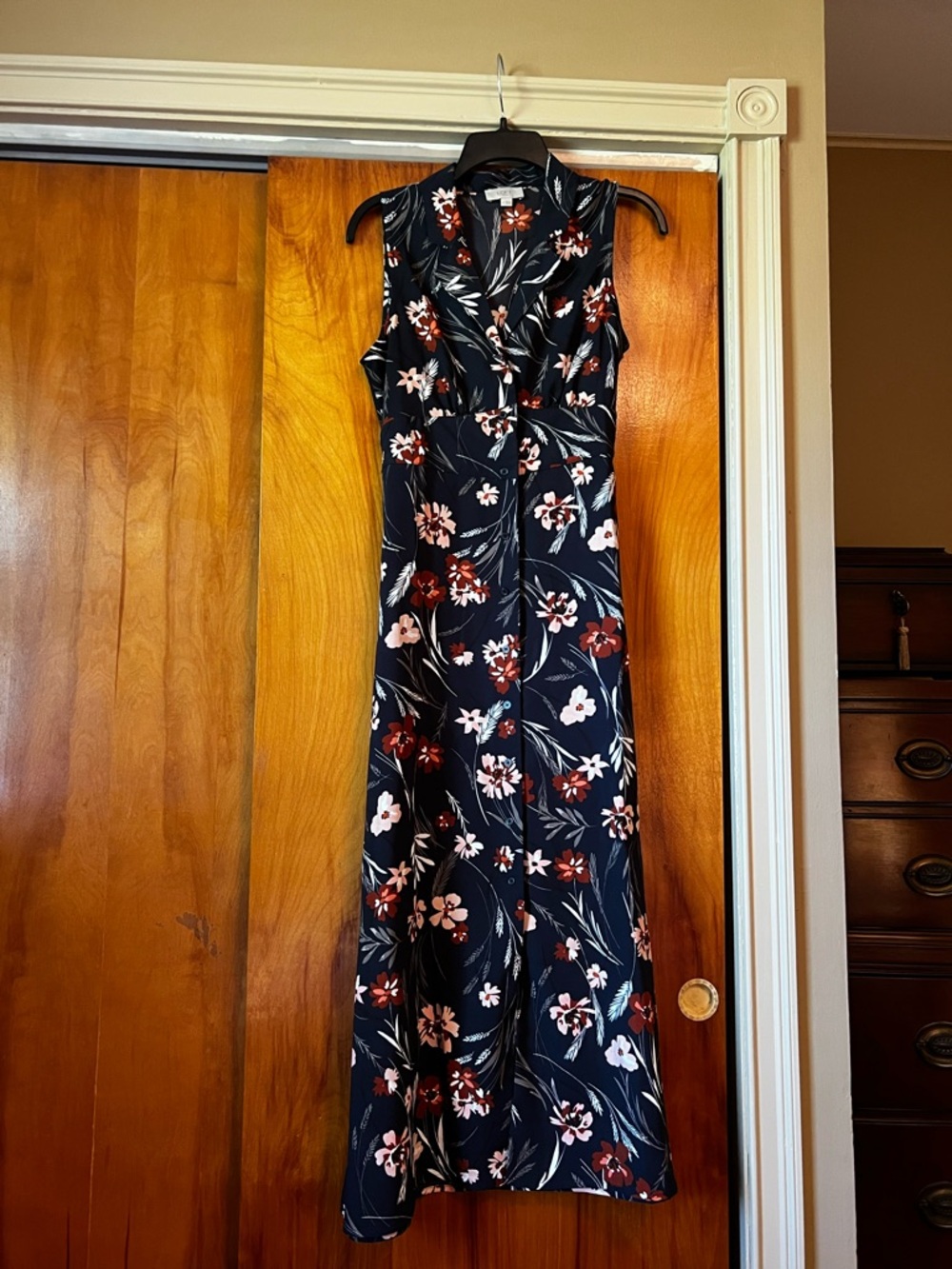 LOFT Navy Floral Sleeveless Maxi Dress with Pink & Rust Blooms